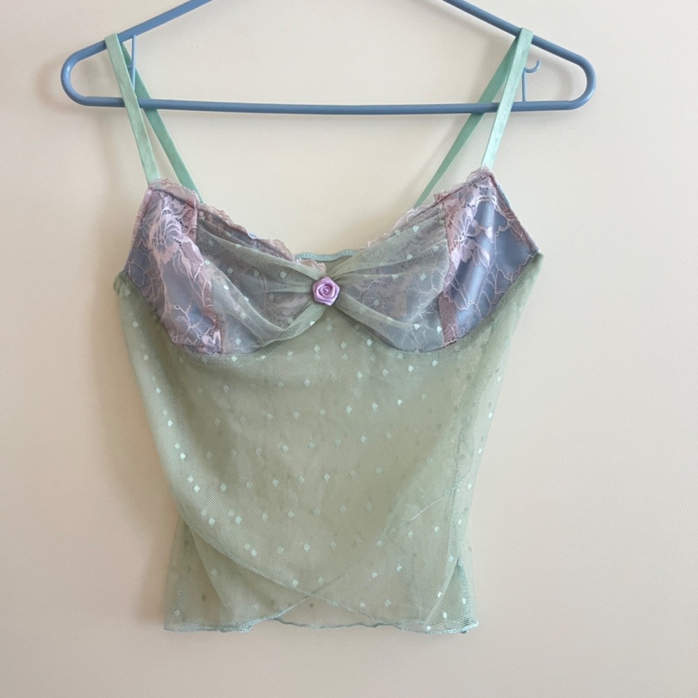 Womens Y2K Babydoll Sheer Mesh Top XSmall Swiss Dot Fairy Twee Festival Coquette